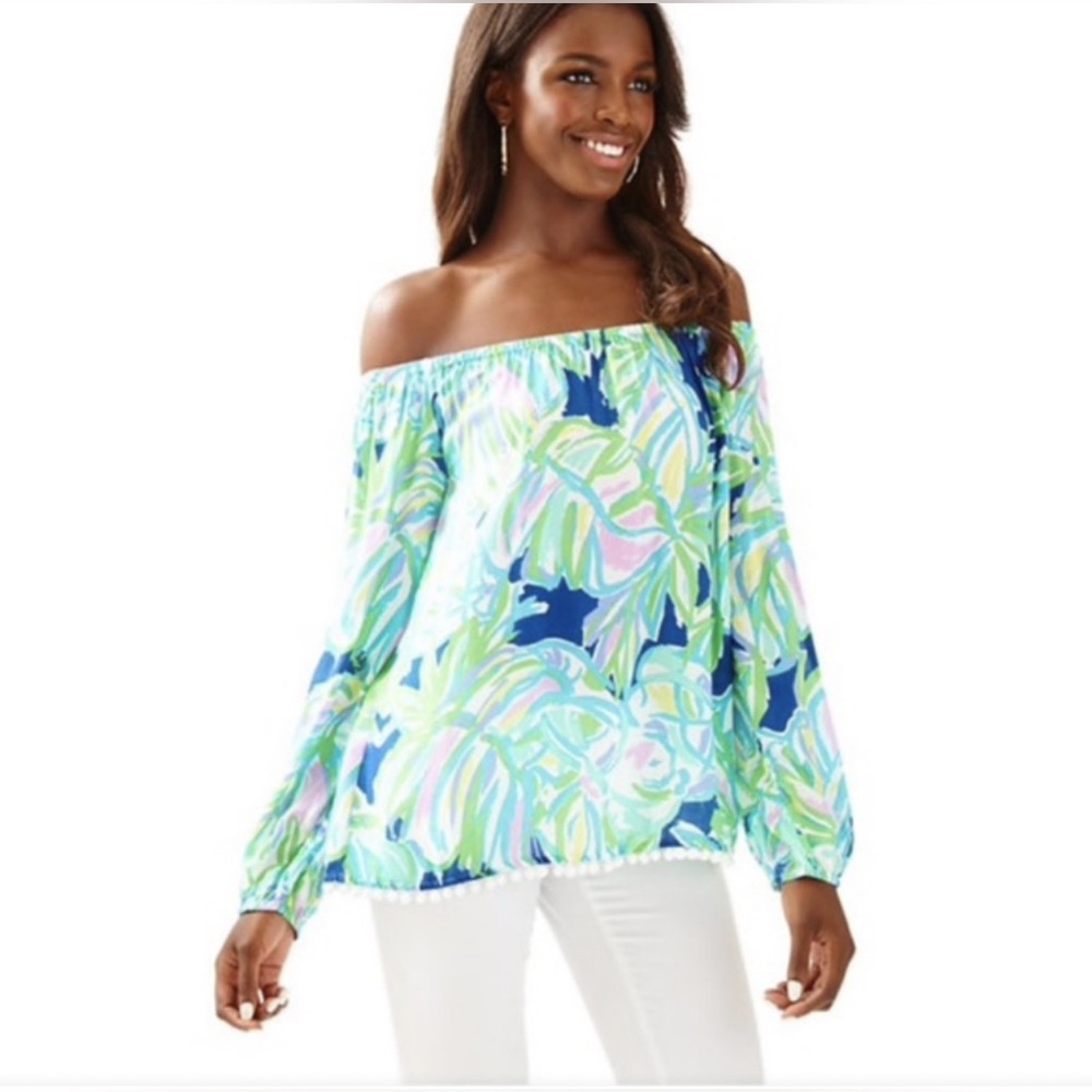 Lilly Pulitzer Women's Enna Resort Navy & Green Bardot Pom Pom Top in Size M